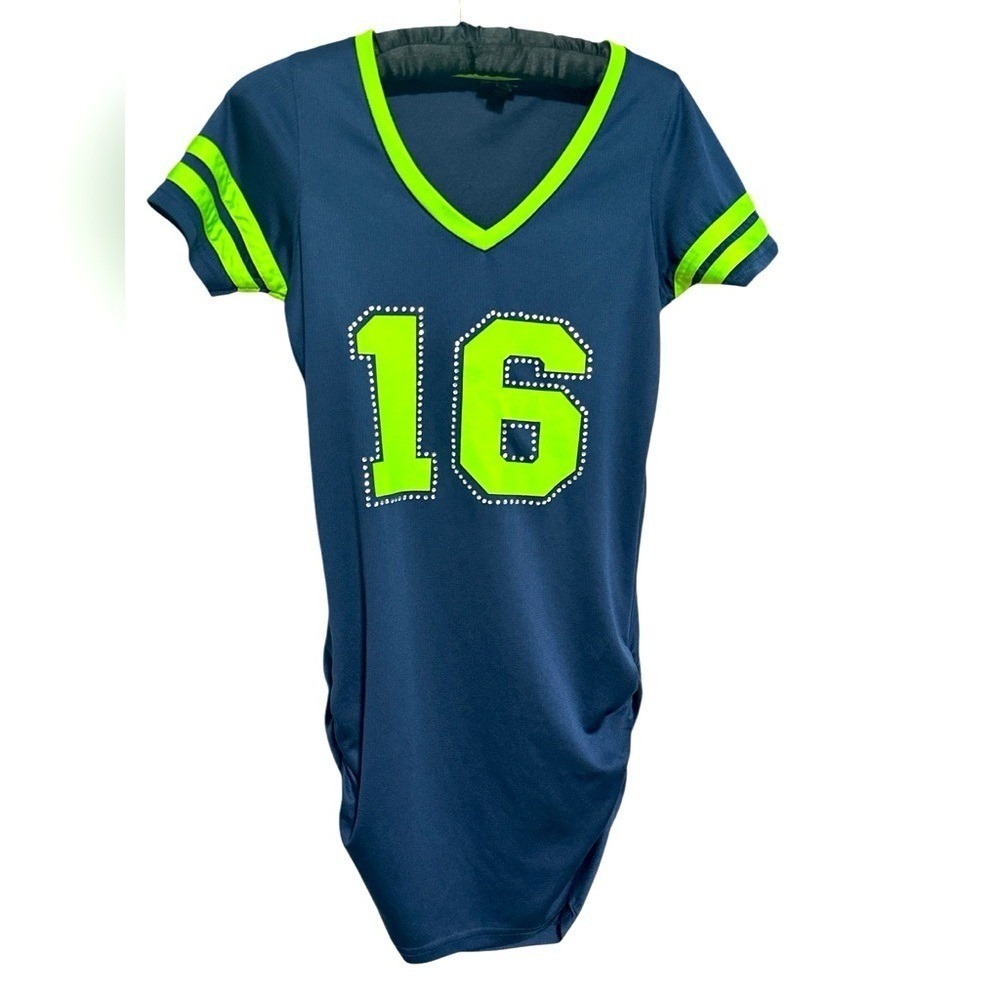 Seahawks Lady 12‎ Blue and Neon Green V-Neck Jersey Dress